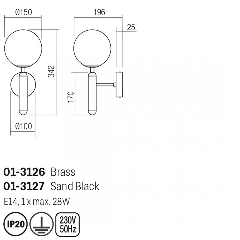 Wall lamp Smarter Haiku, metal, opal glass, brass, 1XE14, H.34 cm
