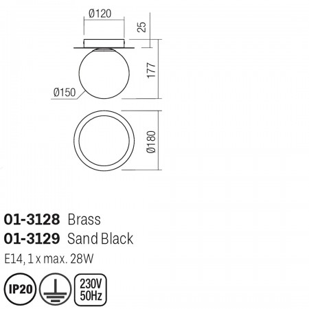 Ceiling lamp Smarter Haiku, metal, opal glass, sand black, 1XE14, D.18 cm