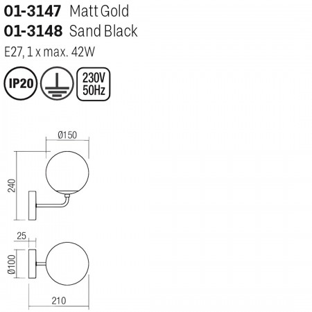 Wall lamp Smarter Bowling, metal, opal white glass, sand black, 1XE27, H.24 cm