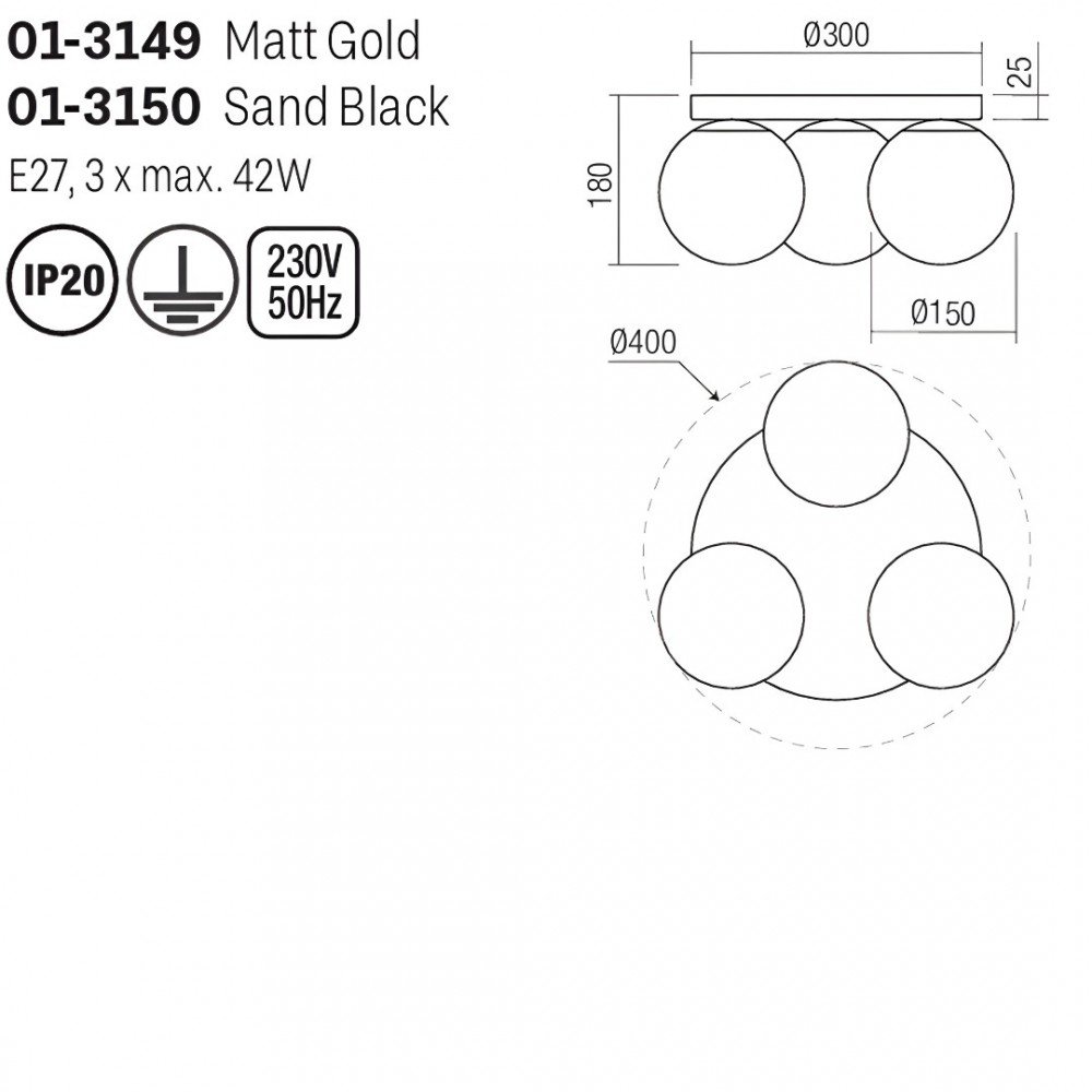 Ceiling lamp Smarter Bowling, metal, opal white glass, matt gold, 3XE27, D.40 cm