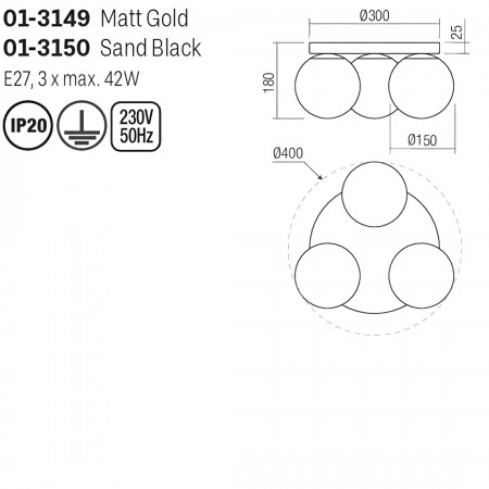 Ceiling lamp Smarter Bowling, metal, opal white glass, matt gold, 3XE27, D.40 cm
