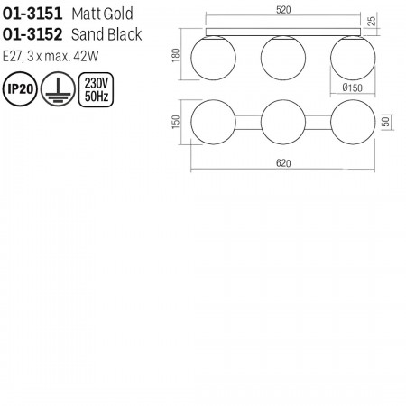 Wall lamp/ceiling lamp Smarter Bowling, metal, opal white glass, sand black, 3XE27, L.62 cm