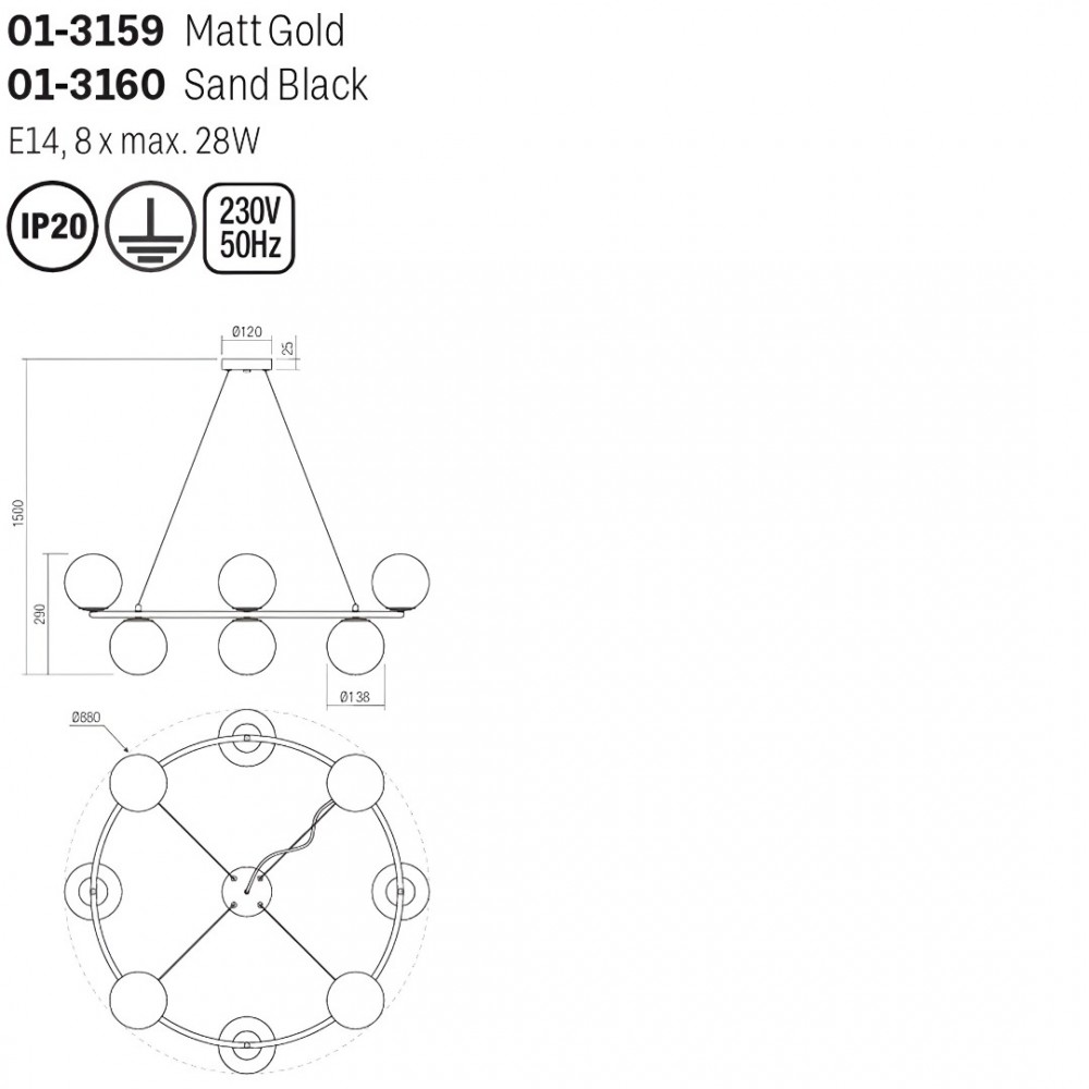 Suspension Smarter Bowling, metal, opal white glass, matt gold, 8XE14, D.88 cm