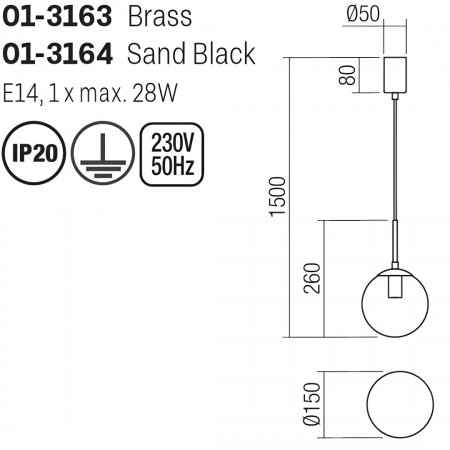 Suspension Smarter Global, metal, glass, sand black, 1XE14, D.15 cm