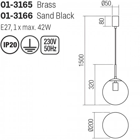 Suspension Smarter Global, metal, glass, sand black, 1XE27, D.20 cm
