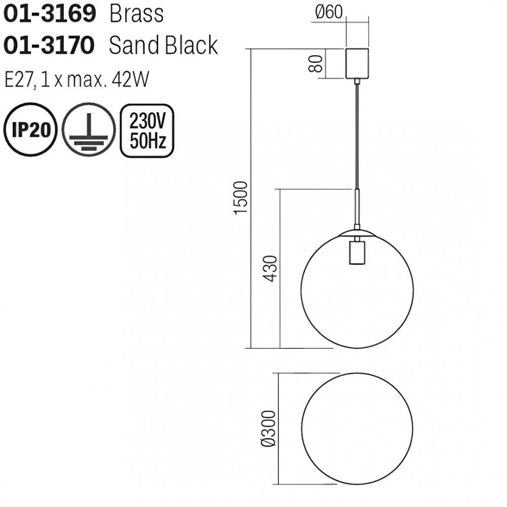Suspension Smarter Global, metal, glass, sand black, 1XE27, D.30 cm