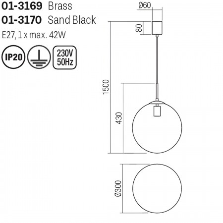 Suspension Smarter Global, metal, glass, sand black, 1XE27, D.30 cm