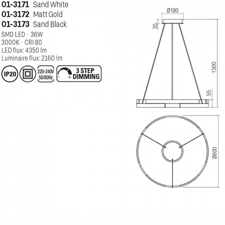 Suspension Smarter Castle, metal, sand white, dimmable, LED, 36W, 2160 lumens, warm white 3000K, D.60 cm