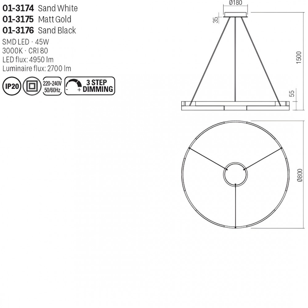 Suspension Smarter Castle, metal, sand white, dimmable, LED, 45W, 2700 lumens, warm white 3000K, D.80 cm