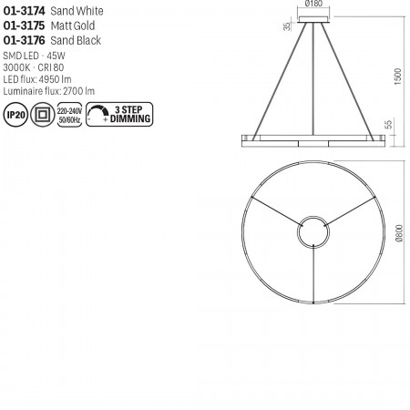 Suspension Smarter Castle, metal, sand black, dimmable, LED, 45W, 2700 lumens, warm white 3000K, D.80 cm