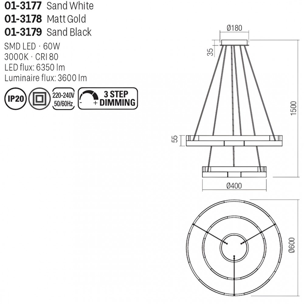 Suspension Smarter Castle, metal, sand black, dimmable, LED, 60W, 3600 lumens, warm white 3000K, D.60 cm