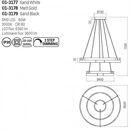 Suspension Smarter Castle, metal, sand white, dimmable, LED, 60W, 3600 lumens, warm white 3000K, D.60 cm