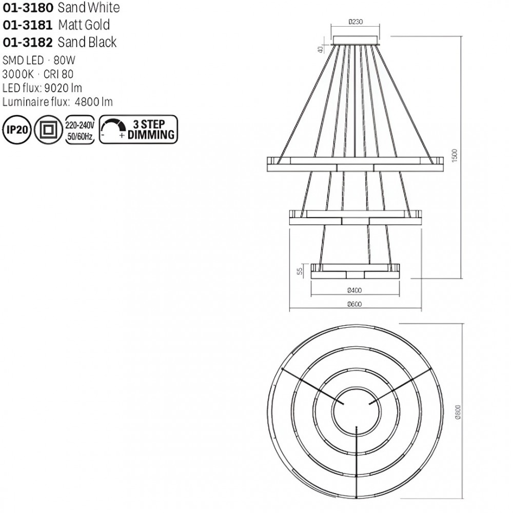 Suspension Smarter Castle, metal, sand black, dimmable, LED, 80W, 4800 lumens, warm white 3000K, D.80 cm