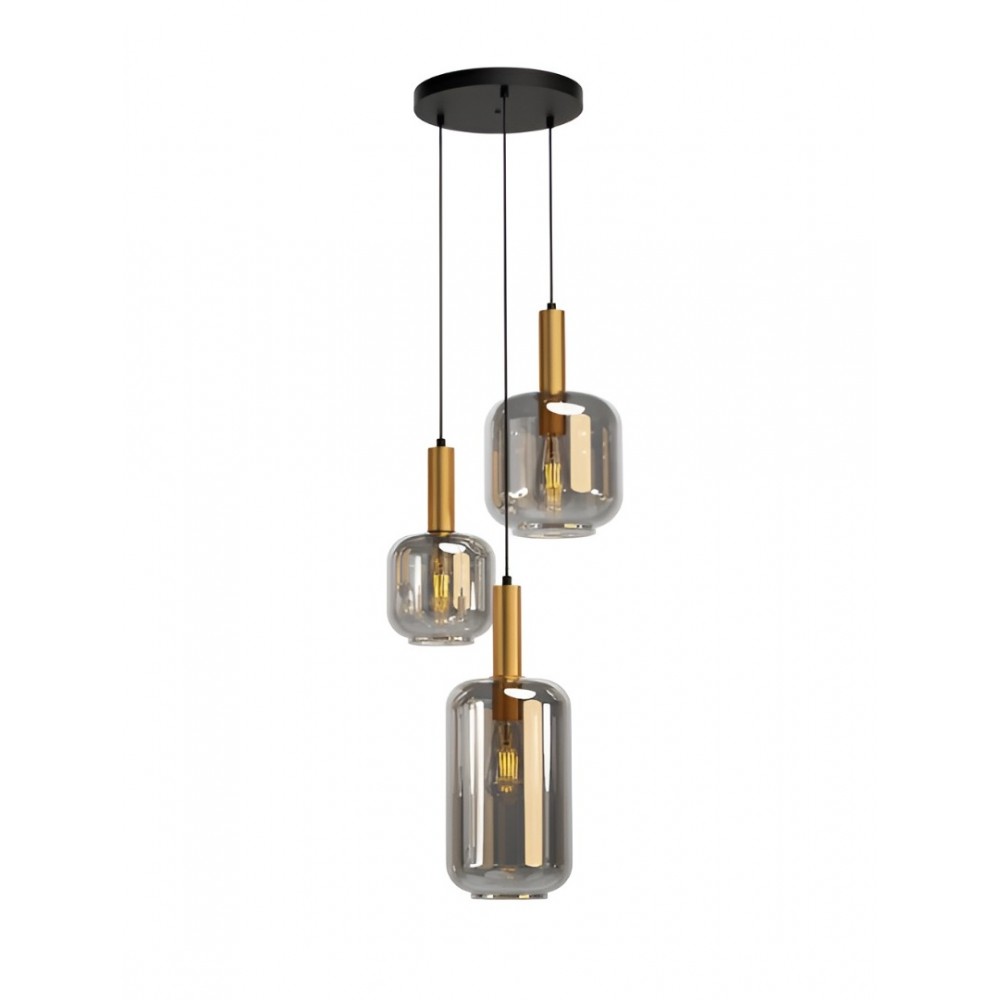 Suspension Smarter Brina, metal, smoke glass, sand black/matt gold, 3XE27, D.32 cm