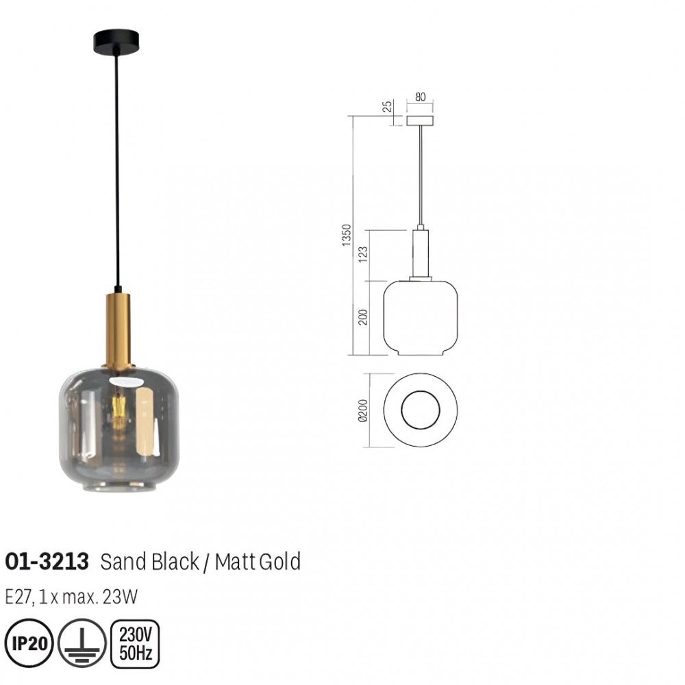 Suspension Smarter Brina, metal, smoke glass, sand black/matt gold, 1XE27, D.20 cm