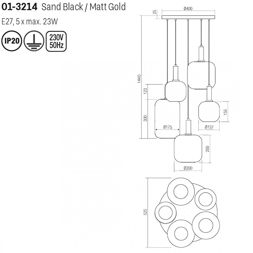 Suspension Smarter Brina, metal, smoke glass, sand black/matt gold, 5XE27, D.52 cm