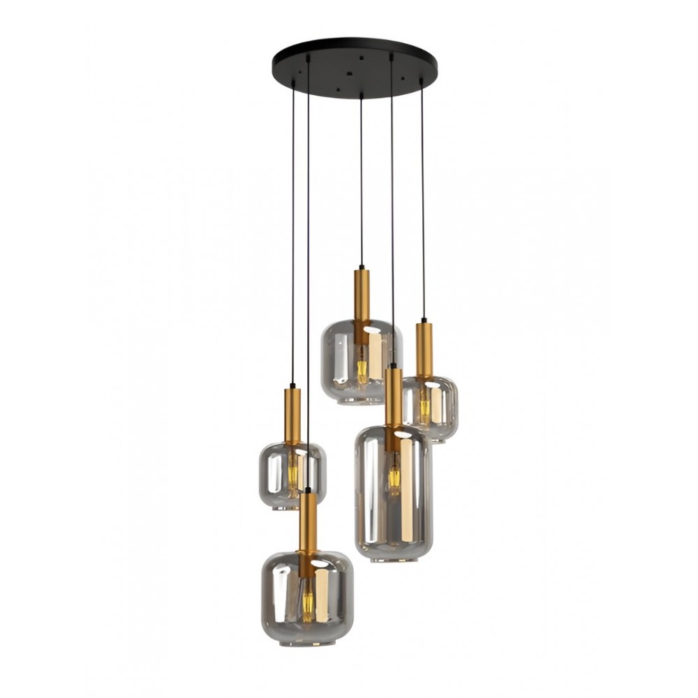 Suspension Smarter Brina, metal, smoke glass, sand black/matt gold, 5XE27, D.52 cm