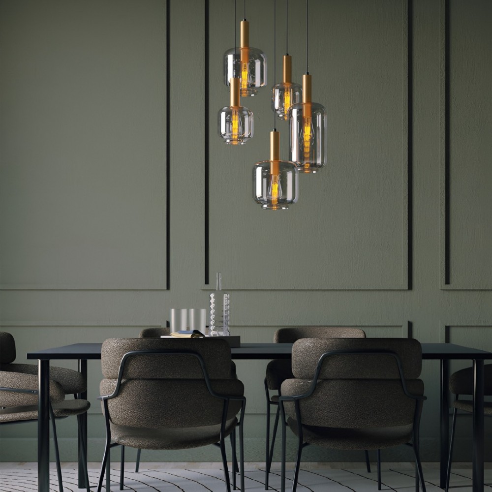 Suspension Smarter Brina, metal, smoke glass, sand black/matt gold, 5XE27, D.52 cm