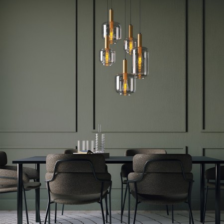 Suspension Smarter Brina, metal, smoke glass, sand black/matt gold, 5XE27, D.52 cm