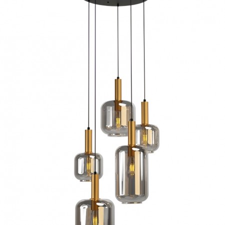 Suspension Smarter Brina, metal, smoke glass, sand black/matt gold, 5XE27, D.52 cm