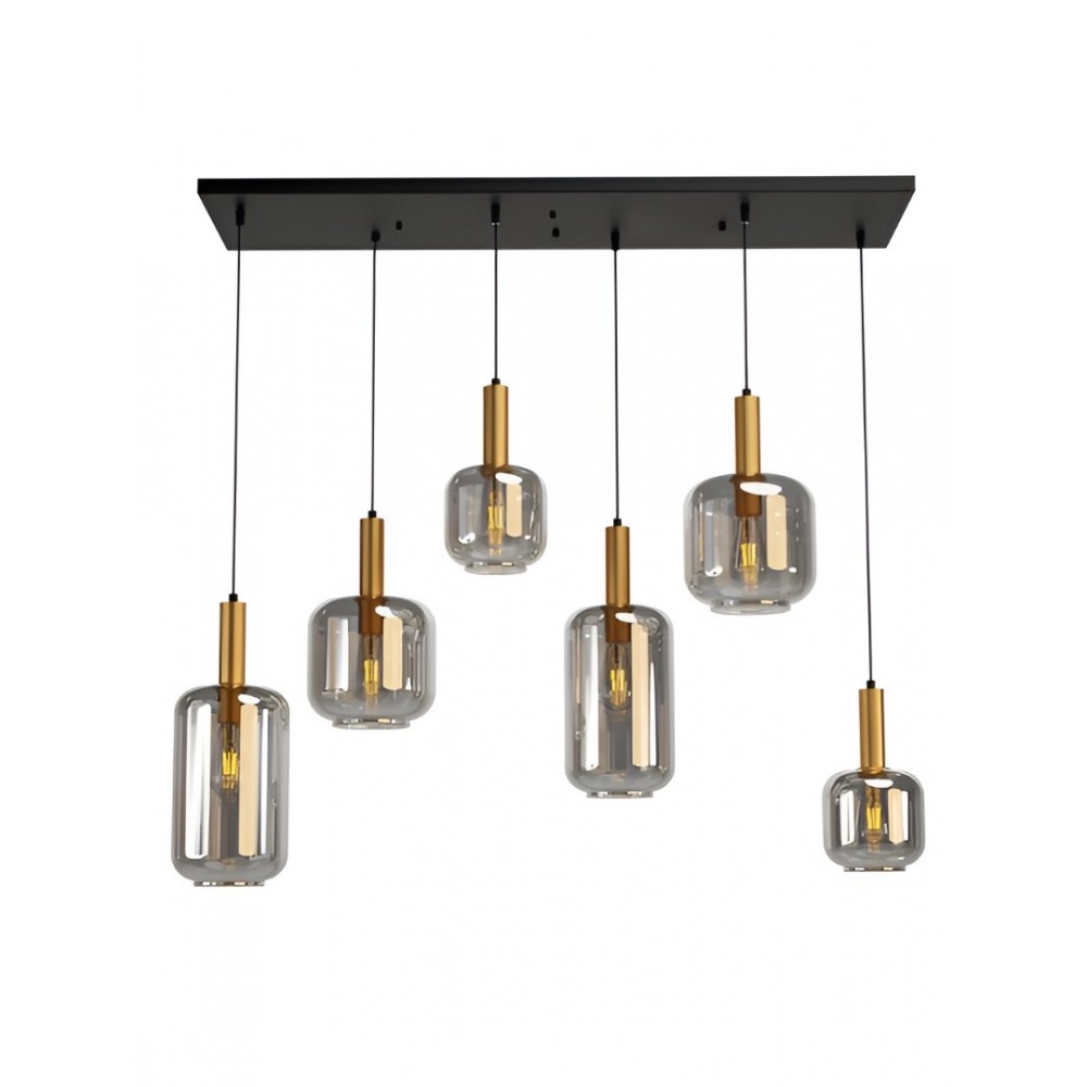 Suspension Smarter Brina, metal, smoke glass, sand black/matt gold, 6XE27, L.114 cm