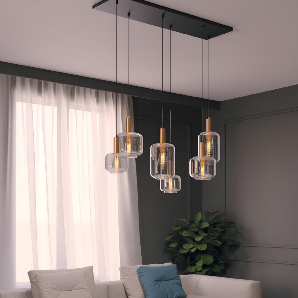 Suspension Smarter Brina, metal, smoke glass, sand black/matt gold, 6XE27, L.114 cm