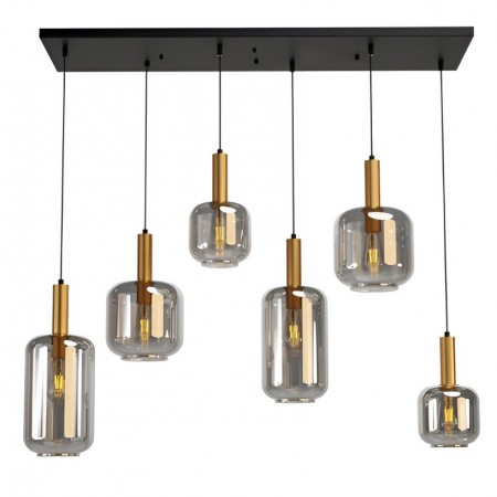 Suspension Smarter Brina, metal, smoke glass, sand black/matt gold, 6XE27, L.114 cm