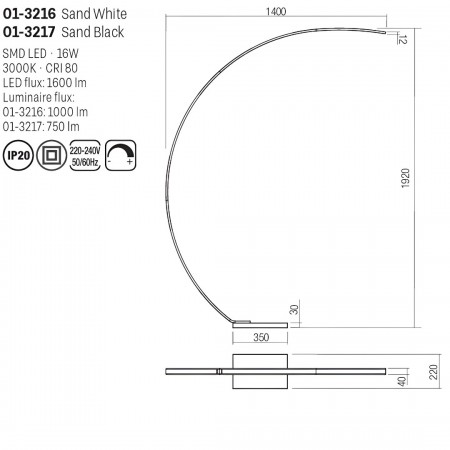 Floor lamp Smarter Carver, metal, sand white, dimmable, LED, 16W, 1000 lumens, warm white 3000K, H.192 cm