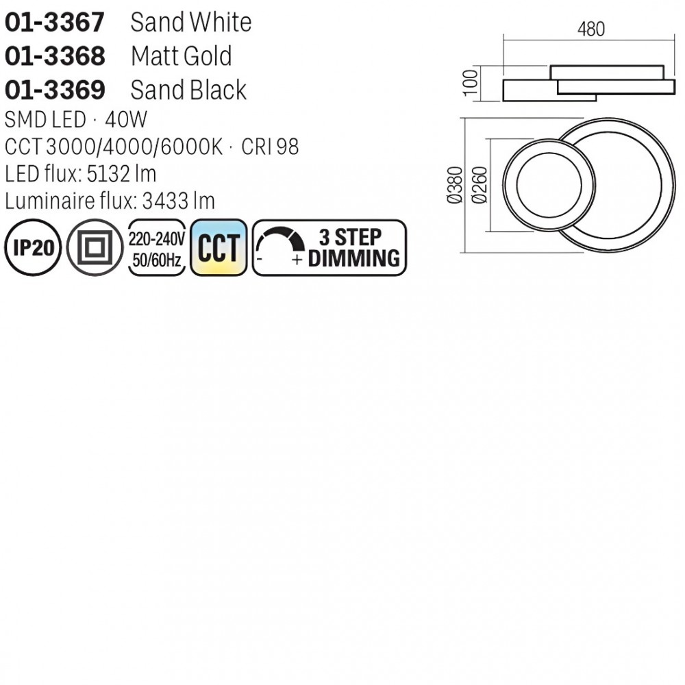Ceiling lamp Smarter Combi, metal, matt gold, dimmable, LED CCT, 40W, 3433 lumens, 3000K/4000K/6000K, L.48 cm