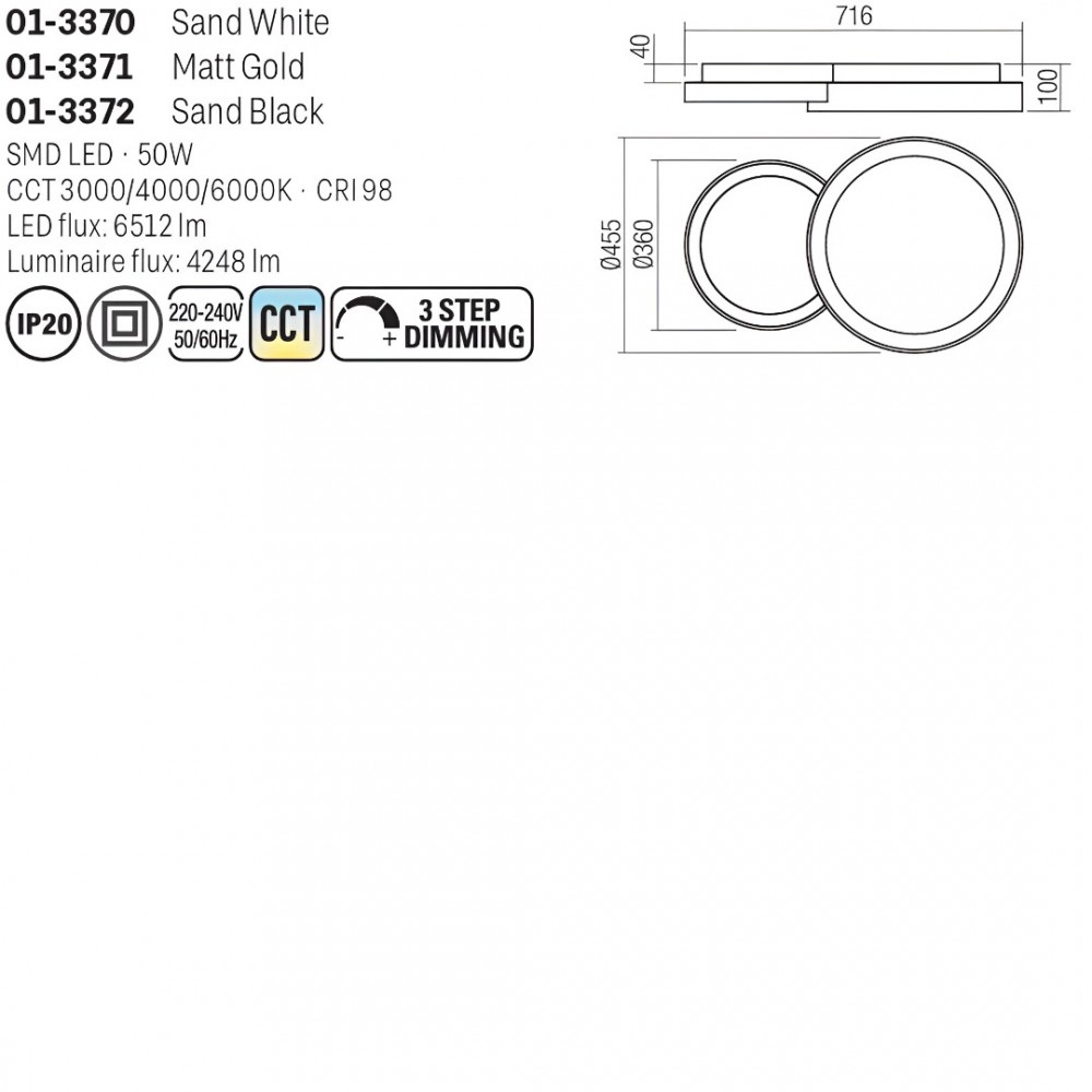 Ceiling lamp Smarter Combi, metal, sand black, dimmable, LED CCT, 50W, 4248 lumens, 3000K/4000K/6000K, L.72 cm