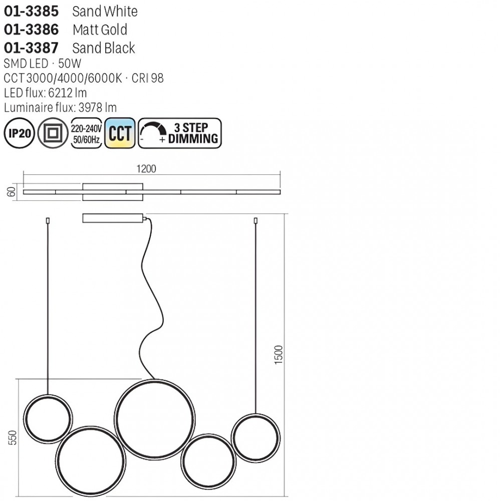 Suspension Smarter Athena, metal, sand white, dimmable, LED CCT, 50W, 3978 lumens, 3000K/4000K/6000K, L.120 cm
