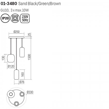 Suspension Smarter Boom, metal, multicolored, 3XGU10, D.33 cm