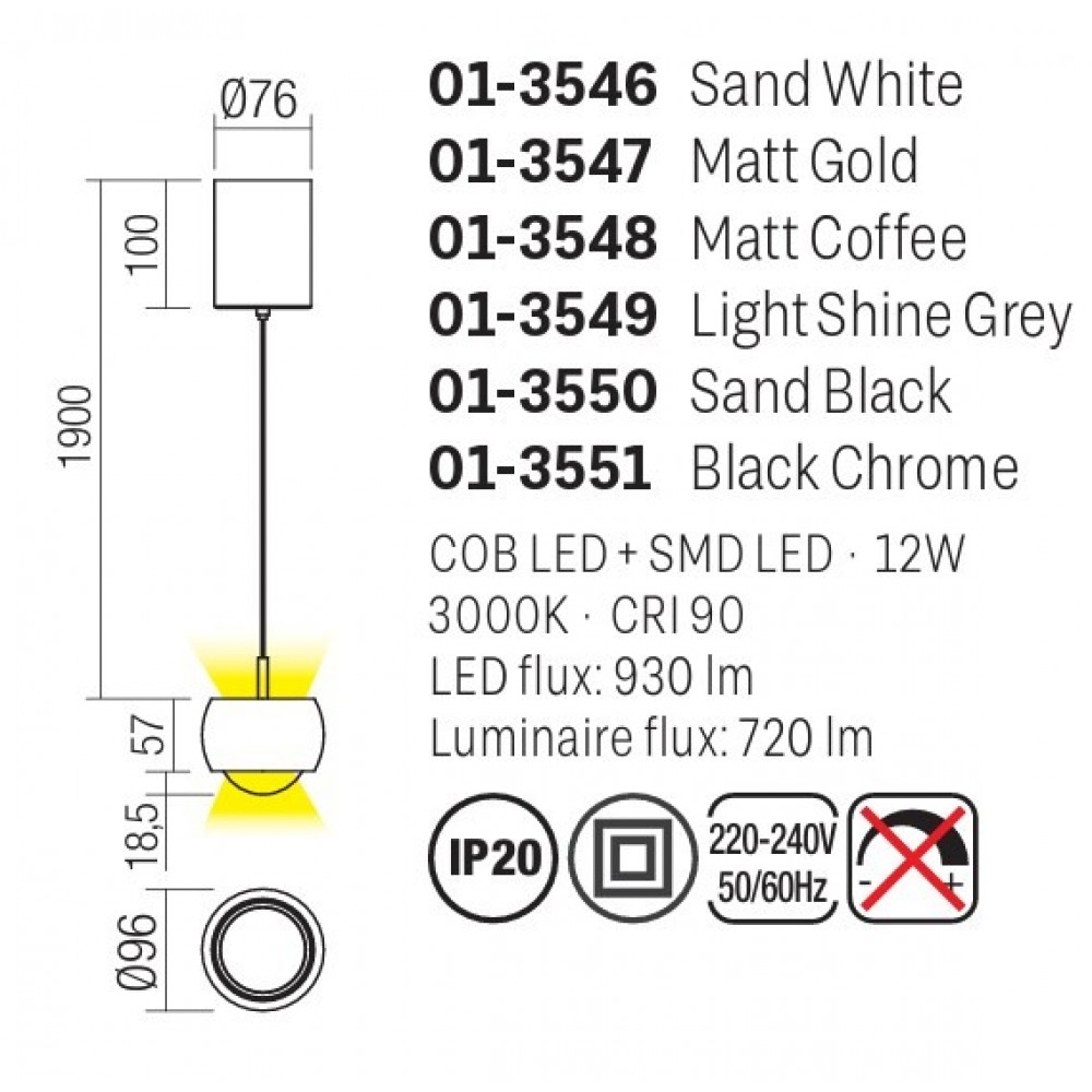 Suspension Smarter Aves, metal, sand white, LED, 12W, 720 lumens, warm white 3000K, D.9 cm