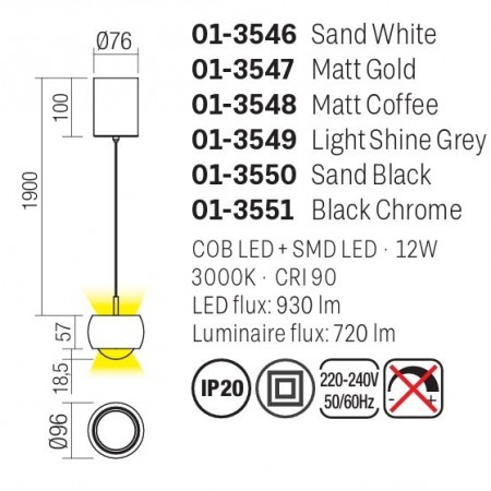 Suspension Smarter Aves, metal, sand white, LED, 12W, 720 lumens, warm white 3000K, D.9 cm