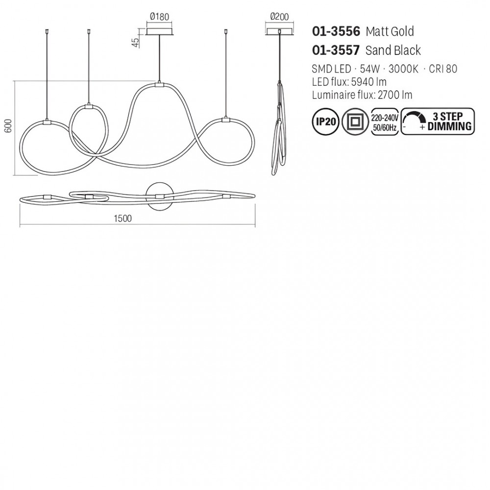 Suspension Smarter Henk, metal, silicon diffuser, sand black, dimmable, LED, 54W, 2700 lumens, warm white 3000K, L.150 cm