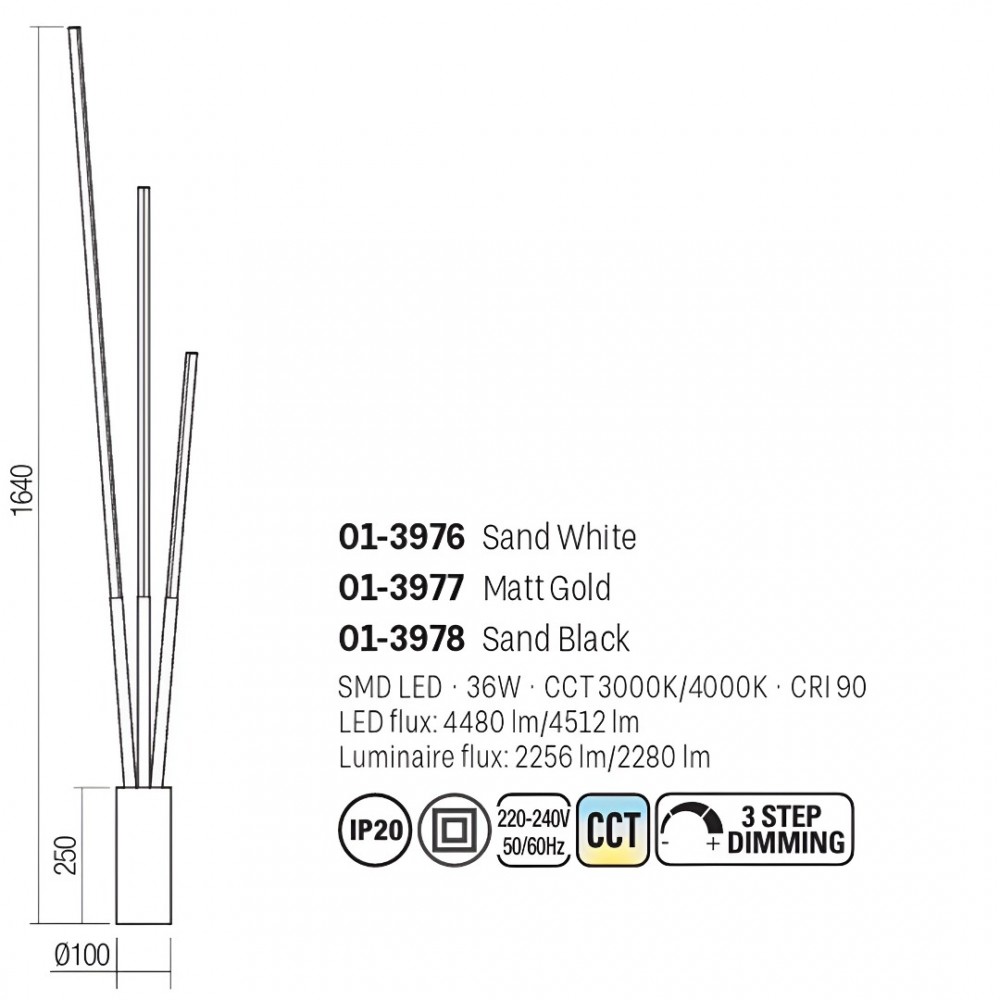 Floor lamp Smarter Herald, metal, sand white, dimmable, LED CCT, 36W, 2280 lumens, 3000K/4000K, H.164 cm