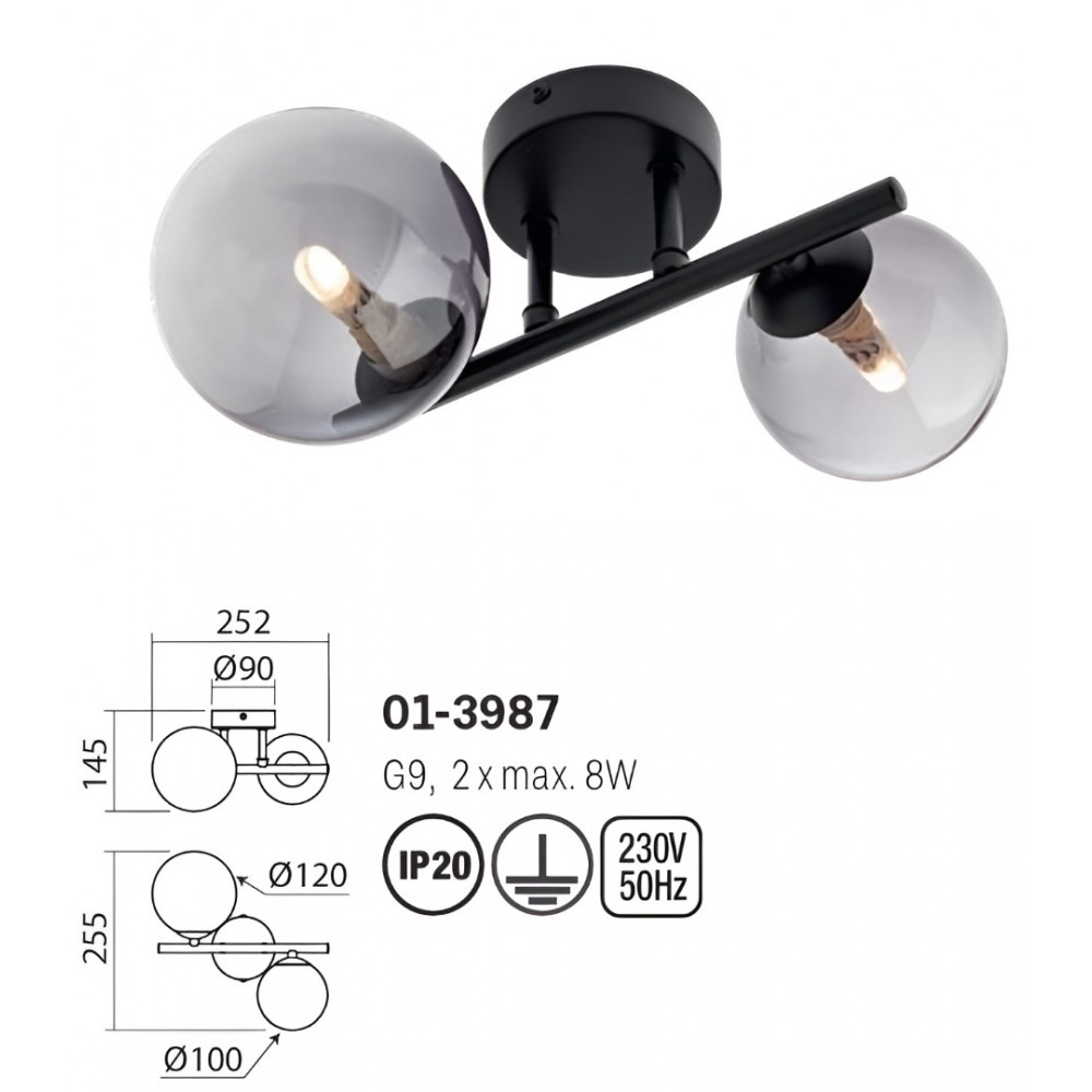 Ceiling lamp Smater Astra, metal, smoke glass, matt black, 2XG9, L.25 cm