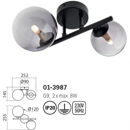 Ceiling lamp Smater Astra, metal, smoke glass, matt black, 2XG9, L.25 cm