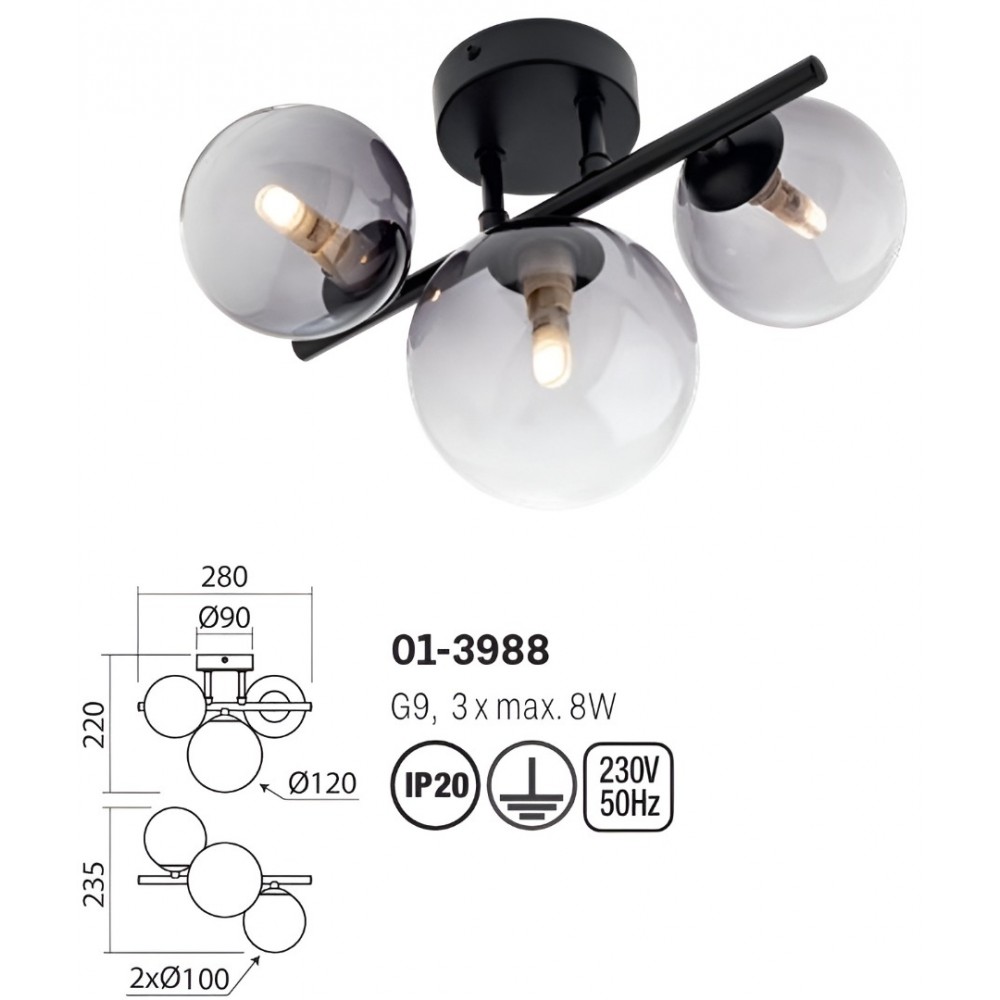 Ceiling lamp Smater Astra, metal, smoke glass, matt black, 3XG9, L.28 cm