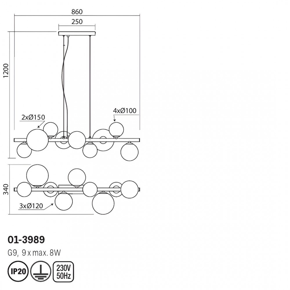 Suspension Smarter Astra, metal, smoke glass, matt black, 9XG9, L.86 cm