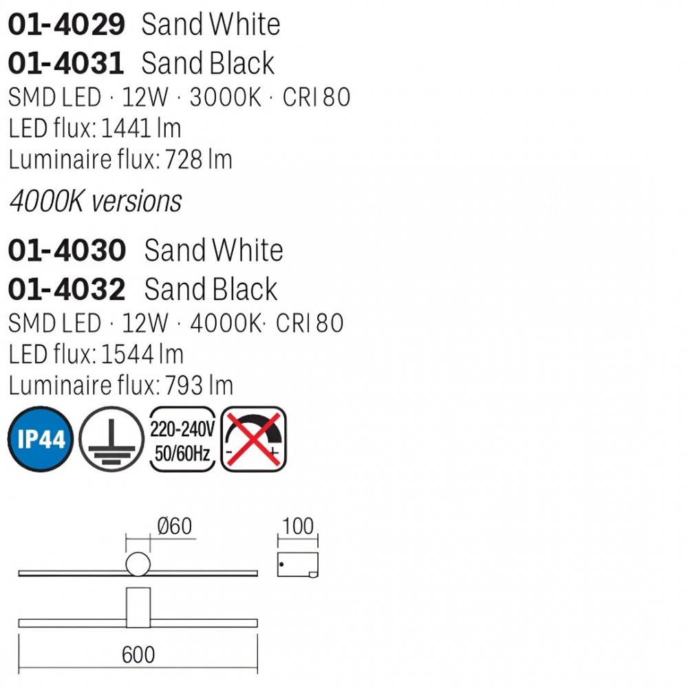 Wall lamp Smarter Row, metal, sand white, LED, 12W, 728 lumens, warm white 3000K, L.60 cm, IP44