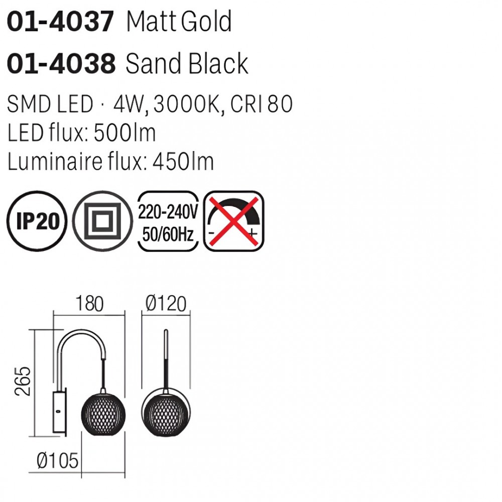 Wall lamp Smarter Gianet, metal, matt gold, LED, 4W, 450 lumens, warm white 3000K, H.26 cm