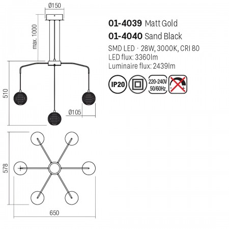 Suspension Smarter Gianet, metal, matt gold, LED, 28W, 2439 lumens, warm white 3000K, L.65 cm