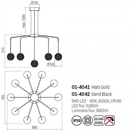 Suspension Smarter Gianet, metal, matt gold, LED, 42W, 3663 lumens, warm white 3000K, L.80 cm