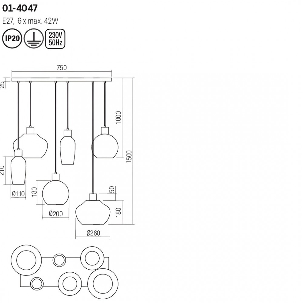 Suspension Smarter Atlantis, metal, smoky glass, sand black, 6XE27, L.75 cm