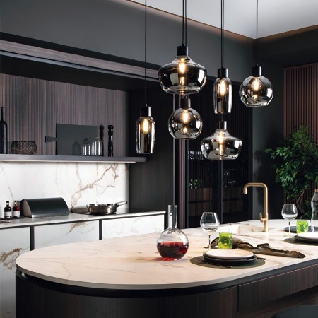 Suspension Smarter Atlantis, metal, smoky glass, sand black, 6XE27, L.75 cm