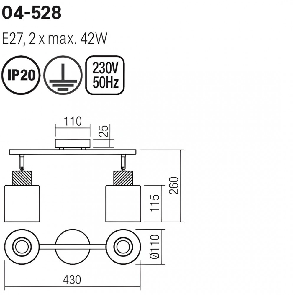 Wall/ceiling lamp Smarter Hansen, metal, smoked glass, sand black, 2XE27, L.43 cm