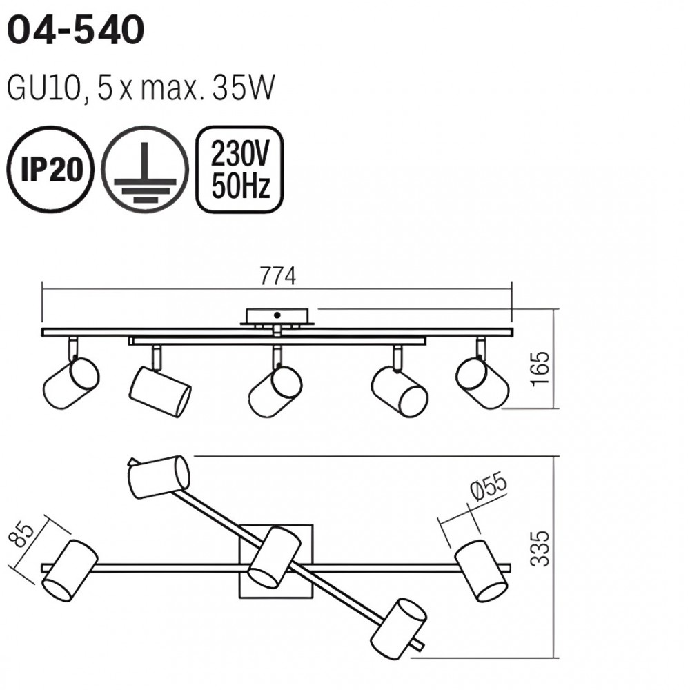 Ceiling lamp Smarter Crius, metal, matt brass/matt black, 5XGU10, L.77 cm