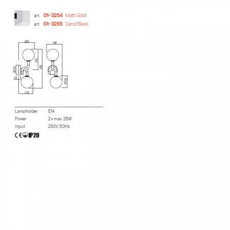 Wall lamp Redo Confusio, metal, matt gold, 2XE14, H.48 cm