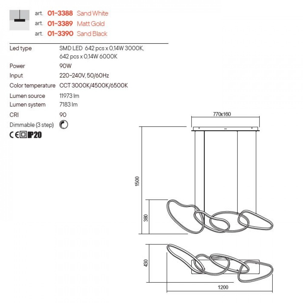 Suspension Redo Bias, metal, matt gold, LED CCT, 90W, 9433 lumens, 3000K/4500K/6500K, L.120 cm
